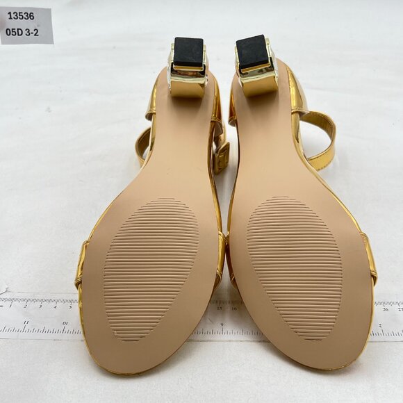 FYS Gold Rhinestone Studded Round Toe Sandals Ankle Strap Block Low Heels Shoes - Picture 7 of 8